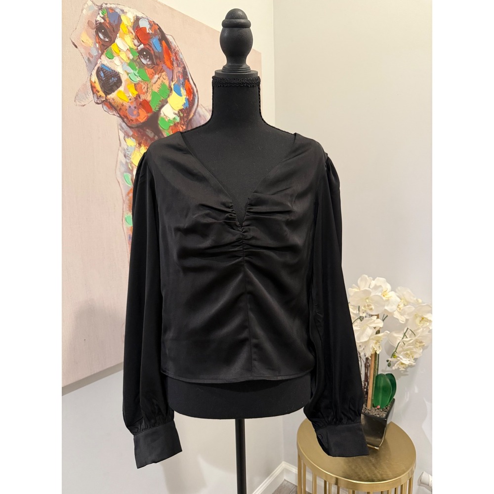 Lulus Black Satin Ruched V-Neck Puff Sleeve Blouse, XL NWT